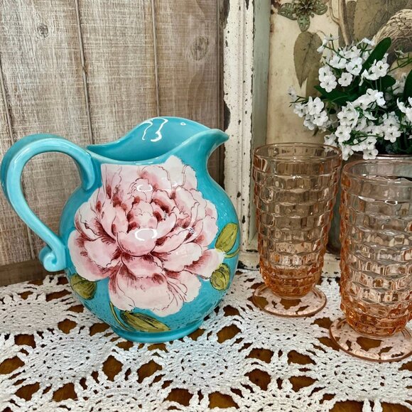 Teal French Country Pitcher/Vase with Pink Peony Flowers - Picture 5 of 7